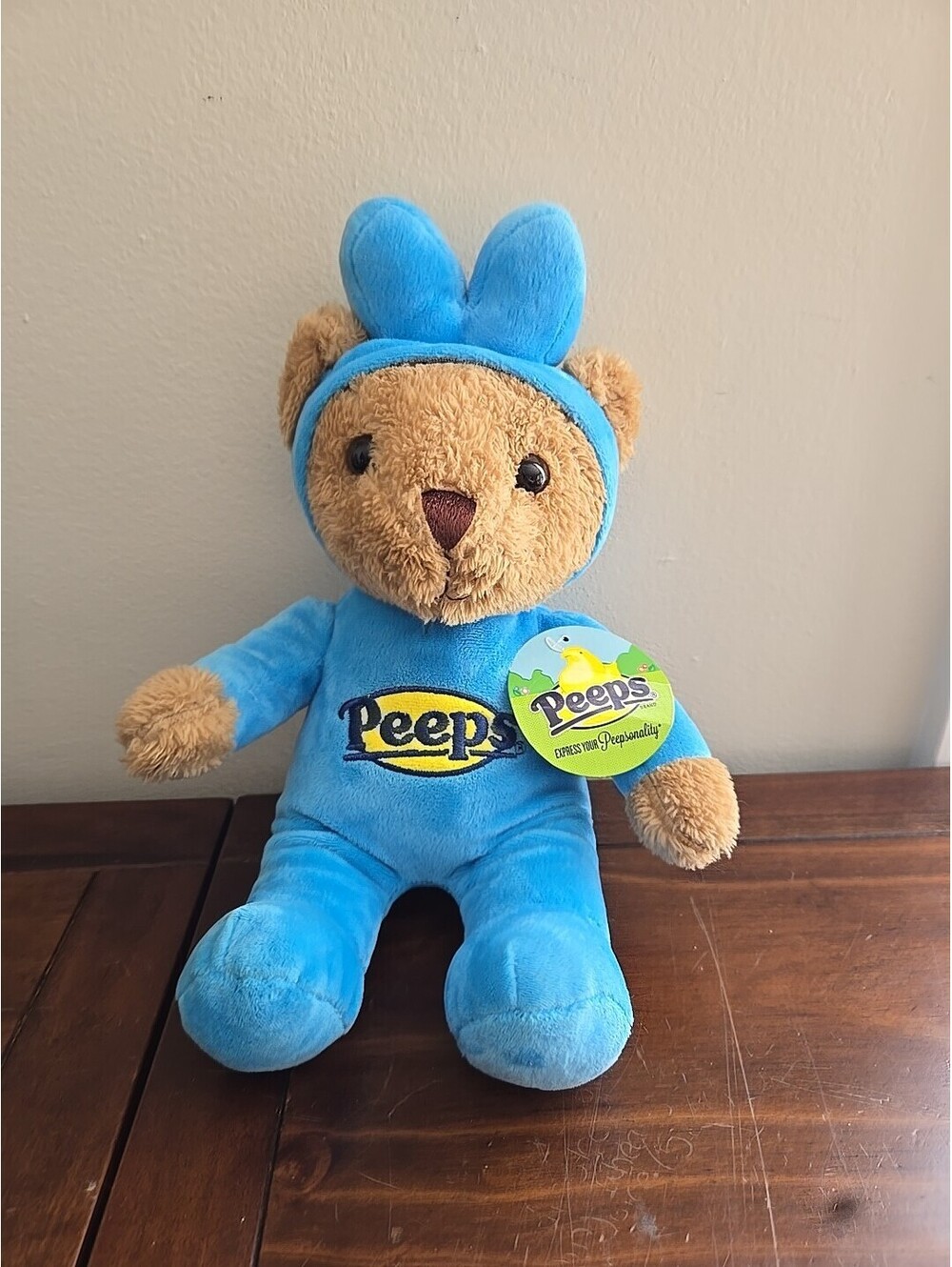 Just Born Peeps Brown Teddy Bear Blue Easter Bunny Outfit Ears Plush 2014 10"